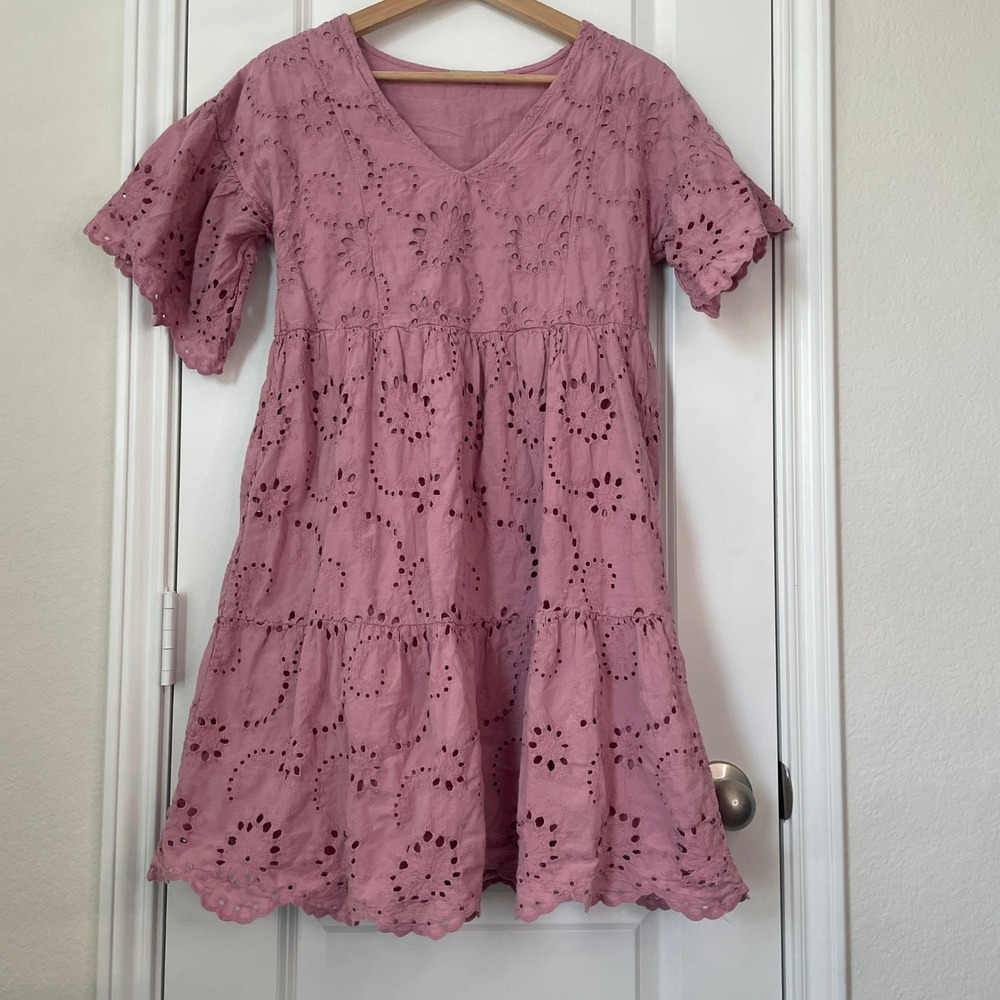 Valentina Naldi Eyelet Tiered Mini Dress Womens XS Pink V Neck Floral Boho Date